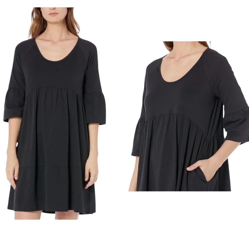 Pact | Black Revive Babydoll Dress Organic Cotton Blend Flutter Sleeve